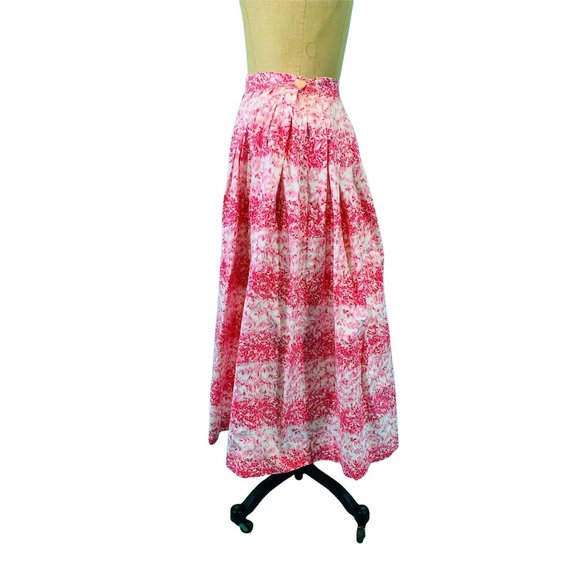 Vintage 50s Pink Skirt Womens XXS Cotton Full Skirt Floral Leaf Print Striped - Picture 7 of 9